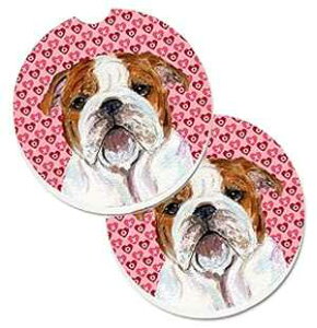 Caroline's Treasures SS4484CARC Bulldog English Hearts Love Valentine's Day Set of 2 Cup Holder Car Coasters Absorbent Sandstone Coasters for Car Cup Holders Gifts for Men or Women, Large, Multicolor