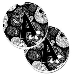 Caroline's Treasures CJ2008-ACARC Letter A Day of The Dead Skulls Black Set of 2 Cup Holder Car Coasters Absorbent Sandstone Coasters for Car Cup Holders Gifts for Men or Women, Large, Multicolor
