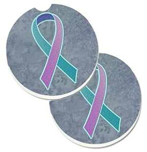 Caroline's Treasures AN1217CARC Teal, Pink and Blue Ribbon for Thyroid Cancer Awareness Set of 2 Cup Holder Car Coasters Absorbent Sandstone Coasters for Car Cup Holders Gifts for Men or Women, Large,