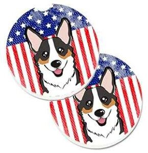 Caroline's Treasures BB2185CARC American Flag and Tricolor Corgi Set of 2 Cup Holder Car Coasters Absorbent Sandstone Coasters for Car Cup Holders Gifts for Men or Women, Large, Multicolor