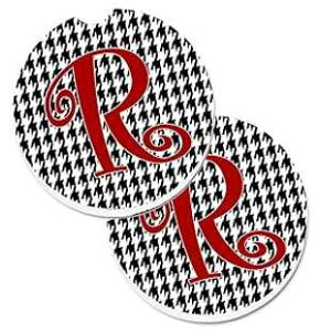 Caroline's Treasures CJ1035-RCARC Letter R Initial Monogram - Houndstooth Black Set of 2 Cup Holder Car Coasters Absorbent Sandstone Coasters for Car Cup Holders Gifts for Men or Women, Large, Multico