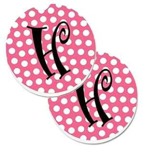 Caroline's Treasures CJ1001-HCARC レター H モノグラム - ピンク ブラック 水玉模様 カップ ホルダー 車用コースター 2 個セット、L、マルチカラー Caroline's Treasures CJ1001-HCARC Letter H Monogram - Pink Black Polka