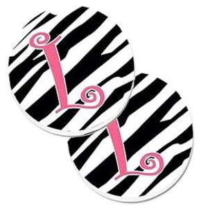 Caroline's Treasures CJ1037-LCARC Letter L Initial Zebra Stripe and Pink Set of 2 Cup Holder Car Coasters Absorbent Sandstone Coasters for Car Cup Holders Gifts for Men or Women, Large, Multicolor