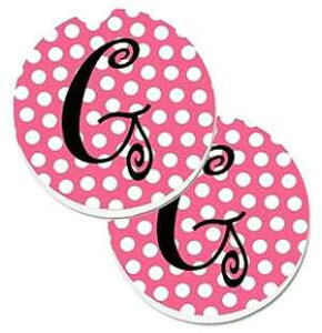 Caroline's Treasures Letter G Monogram - Pink black Polka Dots Set of 2 Cup Holder Car Coasters , 2.56, Multicolor