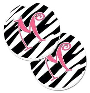 Caroline's Treasures CJ1037-MCARC Letter M Initial Zebra Stripe and Pink Set of 2 Cup Holder Car Coasters Absorbent Sandstone Coasters for Car Cup Holders Gifts for Men or Women, Large, Multicolor