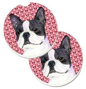 Caroline's Treasures SS4516CARC Boston Terrier Hearts Love Valentine's Day Set of 2 Cup Holder Car Coasters Absorbent Sandstone Coasters for Car Cup Holders Gifts for Men or Women, Large, Multicolor