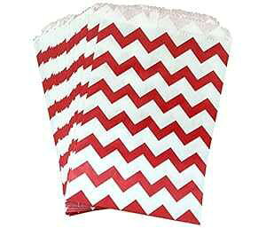 AKOAK 50 Pcs 5 x 7 Inches White and Red Wave Striped Paper Bags,Holiday Wedding Christmas Favor Candy Treat Bags