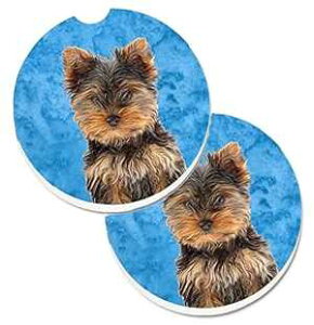 Caroline's Treasures KJ1230BUCARC Blue Yorkie Puppy/Yorkshire Terrier Set of 2 Cup Holder Car Coasters Absorbent Sandstone Coasters for Car Cup Holders Gifts for Men or Women, Large, Multicolor