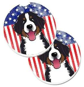 Caroline's Treasures BB2167CARC American Flag and Bernese Mountain Dog Set of 2 Cup Holder Car Coasters Absorbent Sandstone Coasters for Car Cup Holders Gifts for Men or Women, Large, Multicolor