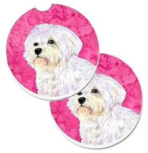 Caroline's Treasures SS4757-PKCARC Pink Maltese Set of 2 Cup Holder Car Coasters Absorbent Sandstone Coasters for Car Cup Holders Gifts for Men or Women, Large, Multicolor