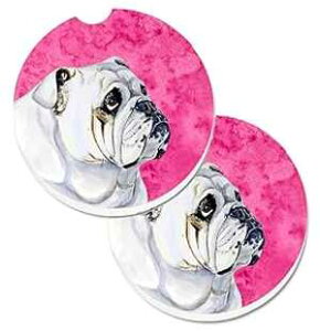 Caroline's Treasures LH9364PKCARC Pink Bulldog English Set of 2 Cup Holder Car Coasters Absorbent Sandstone Coasters for Car Cup Holders Gifts for Men or Women, Large, Multicolor