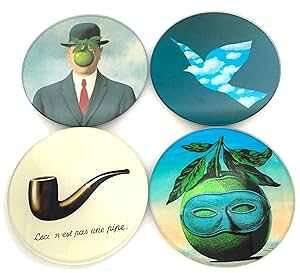 マグリット シュルレアリスム絵画 ガラスドリンクバーコースター 4枚セット 収納スタンド付き Parastone Magritte Surrealism tings Glass Drink Bar Coasters Set of 4 with Storage Stand