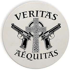 Z~bN Xg[ R[X^[ R[X^[ 4 Zbg - Aequitas Veritas Saints Gun Celtic Cross Hat Shark Ceramic Stone Coaster Coasters Set of Four - Aequitas Veritas Saints Gun Celtic Cross