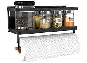 Hoopoton Magnetic Paper Towel Holder, 2-in-1 Magnetic Spice Rack with Hooks,Wall Mount Shelf Towel Rack for Refrigerator (Black, With hook)