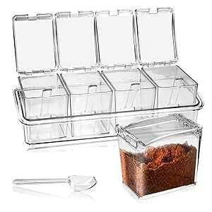 Faxco 4-Cell Clear Seasoning Rack Spice Box, Storage Container Condiment Jars Acrylic Seasoning Box with Cover and Spoon (Basic Clear)