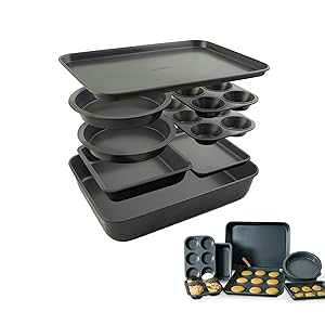 Elbee Home 8-Piece Nonstick Aluminized Steel, Space Saving Baking Set , With Deep Roasting Pan, Cookie Sheet, Cake Pans, Muffin Pans and Baking Pan PFOA & PFOS Free