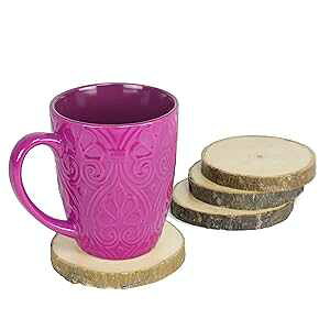 VR؃R[X^[Zbg 4 ؂̔t ؐR[X^[̒a͖3.5C`łB KAO Mart Natural Wood Coaster Set 4 pcs with Tree Bark Wooden Coasters Each Measures About 3.5 inches in Diameter