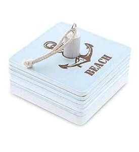 CoTa Global Blue Lagoon Nautical Wooden Coaster Set - Rustic Square Coaster Set with Holder, Cute Beach Theme Drink Coasters Set for Spill and Scratch Free Tabletop - 6 Coasters and 1 Holder Set