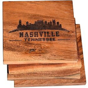 ナッシュビル コースター、ナッシュビル スカイライン ドリンク コースター ? ナッシュビル ギフト & お土産、ナッシュビル スカイライン デザインの彫刻付きアカシア材コースター ? ナッシ
