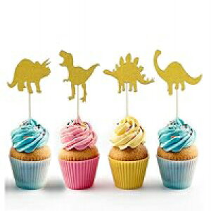 Topfun 24 JEg JbvP[Lgbp[ S[hOb^[P[LsbN xr[V[ q̒ap[eB[̋LOip Topfun 24 Counts Dinosaur Cupcake Toppers Gold Glitter Cake Picks for Baby Show