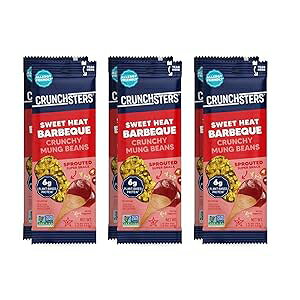 Crunchsters Sprouted Mung Beans, Plant-Based Protein Super-Snack and Salad Topper, Gluten-Free, Nut-Free, Vegan, 6g Protein/Serving, 1.3oz. Bags, Sweet Heat BBQ, 6-Pack