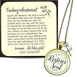 Gutsy Goodness He Restores My Soul Necklace Boho Aesthetic Jewelry for Women of Faith, Chain 24" - Handmade Bible Verse Psalm 23 Devotion Pendant Cross Charm, Meaningful Encouragement Gift Message or Hope Card & Box