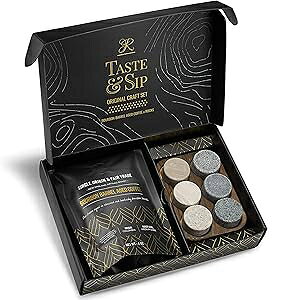 ROCKS WHISKEY CHILLING STONES Whiskey Chilling Stones & Kentucky Bourbon Barrel Aged Coffee Gift Set - 6 Handcrafted Granite Round Rocks & Hardwood Storage Tray - Medium Dark Roast 4oz Tasting Bag for Specialty Coffee
