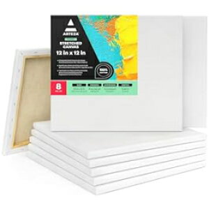 ARTEZA Canvases for ting, Pack of 8, 12 x 12 Inches, Square White Stretched Canvas Bulk, 100% Cotton, 8 oz Gesso-Primed, Art Supplies for Adults and Teens, Acrylic Pouring and Oil ting