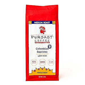 Puroast Coffee Puroast Low Acid Coffee , Whole Bean , Colombian Supremo , Dark Roast , Certified Low Acid Coffee , pH 5.5+ , Gut Health , 2.2 LB , Higher , Smooth for Espresso, Cold Brew & Iced Coffee