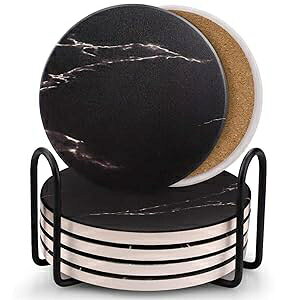 Comsmart Coasters for Drinks, Ceramic Stone Coasters Set with Metal Holder Stand, Cork Base, Marble Surface Pattern, Cups Place Mats for Home Decor, Set of 6 - Black