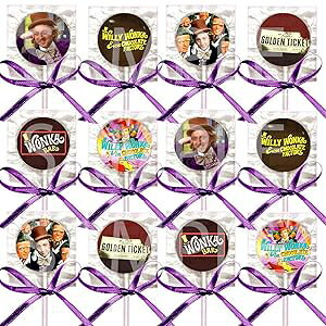 Chocolate River Factory Party Favors Decorations Charlie Movie Bar Golden Ticket Lollipops w/ Purple Bows -12 pcs Party Over Here Chocolate River Factory Party Favors Decorations Charlie Movie Bar Golden Ticket Lollipops w/