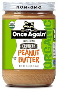 Once Again Organic Crunchy Peanut Butter, 16oz - Lightly Salted, Unsweetened - USDA Organic, Gluten Free Certified, Vegan, Kosher - Glass Jar