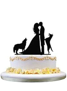 EGfBO P[L gbp[ VGbg Jbv 2 ČƃLX P[L̑ Kaishihui Wedding Cake Topper Silhouette couple kissing with Two Dogs Cake decoration
