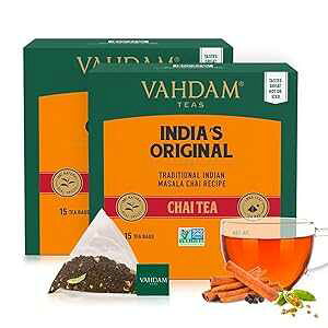 VAHDAM, India's Original Masala Chai Tea Bags (30 Count) Non GMO, Gluten Free, No Added Flavoring Blended w/Savory Exotic Spices Individually Wrapped Pyramid Tea Bags Direct from Source