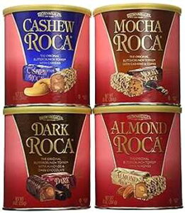 Brown & Haley Variety Pack - Dark Chocolate ROCA, Almond ROCA, Cashew ROCA and Mocha ROCA - Individually Wrapped Chocolate for Sharing or Gifting - Gift Bag Included - 10oz Canister, 4 Pack