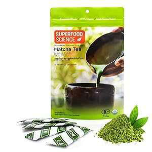 Superfood Science Matcha Ceremonial Grade, Pure Uji Matcha Powder Organic, 12 Unsweetened Organic Japanese Tea Packets, ECGC, L-Theanine, Chlorophyll in Green Vibrance Powder, Tasty Hot and Ice Green Tea, 2 g/packet