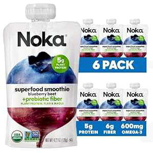 Noka Superfood Fruit Smoothie Pouches, Blueberry Beet, Healthy Snacks with Flax Seed, Plant Protein and Prebiotic Fiber, Vegan and Gluten Free Snacks, Organic Squeeze Pouch, 4.22 oz, 6 Count