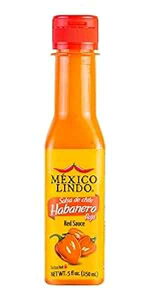 Mexico Lindo Red Habanero Hot Sauce | Real Red Habanero Chili Pepper | 78,200 Scoville Level | Enjoy with Mexican Food, Seafood & Pasta | 5 Fl Oz Bottle (Pack of 1)