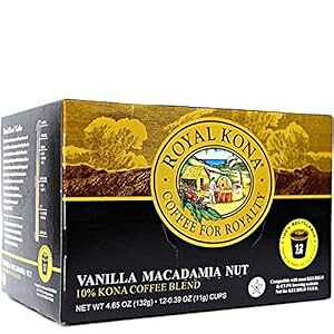C Ri R[q[ oj }J_~AACg [XgAVOT[u R[q[ |bh - 12 {bNX ROYAL KONA COFFEE FOR ROYALTY Royal Kona Coffee Vanilla Macadamia, Light Roast, Single-Serve Coffee Pods