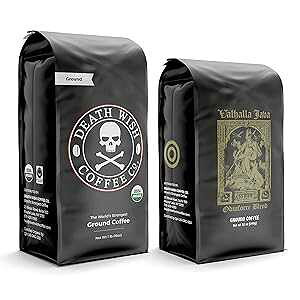 Death Wish Coffee Co. Dark Roast Grounds 16 Oz & Valhalla Java Dark Ground Coffee 12 Oz- Extra Kick of Caffeine in 1 Powerful Bundle - Hardcore Coffee from Arabica & Robusta Beans for Tough Days