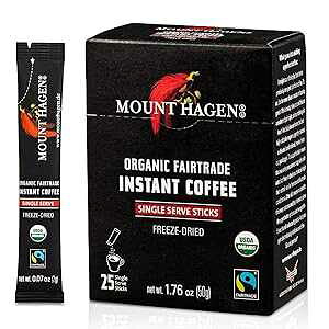 Mount Hagen 25 Count Single Serve Instant Coffee Packets Organic Medium Roast Arabica Beans Eco-friendly, Fair-Trade [25 sticks/1.76oz/50g]
