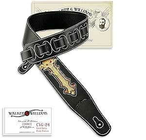 Walker & Williams CVG-24 Handmade Black And Gold Padded Guitar Strap With Hand Tooled Christian Cross And Skull Design For Acoustic, Electric, And Bass Guitars