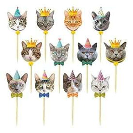 TSJ 24個 猫カップケーキトッパー 猫フェイスケーキトッパー 子猫ペットテーマデコレーション スティックつまようじ用品 パーティーベビーシャワー用 TSJ 24PCS Cat Cupcake Toppers, Cats Face Cake Toppers, Kitten Pet Theme Decorations Stick To