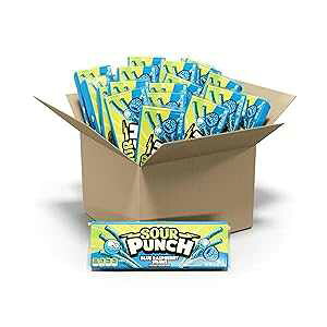 Sour Punch Straws, Blue Raspberry Fruity Flavor, Soft & Chewy Candy, 4.5oz Tray (24 Pack)