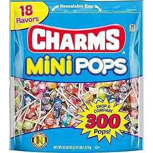 Tootsie Roll Charms Mini Pops, 18 Flavors, Individually Wrapped, Peanut Free, Gluten Free, 300 Count, 1-Pack