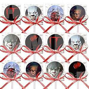 Party Over Here IT MOVIE SCARY CREEPY CLOWN Lollipops Party Favors Decorations Movie Lollipops w/ Red Ribbon Bows Party Favors -12, Halloween Steven King Novel