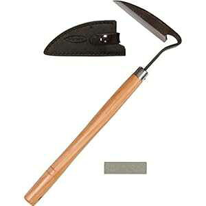 Truly Garden {̊X^C̎葐c[Av̏ƓuΕt Truly Garden Japanese Sickle Style Hand Weeder Tool with Thick Leather Sheath and Sharpening Stone