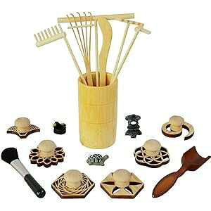 BangBangDa Zen Garden Rake Stamp Tools - Meditation Rock Sand Garden Accessories Office Desktop Mini Zen Gifts for Man Women Bamboo Rakes Holder Brusher Spoon Figurines