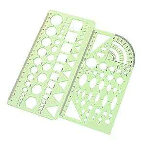 CSPRING ̃vX`bNO[ev[g 2 ItBXwZp̊􉽒KǍ^gA}ʃev[g 2PCS Plastic Green Measuring Templates Geometric Rulers for Office and School, Building formwork, Dr