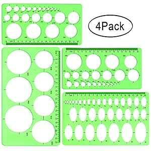 Aniann Circle and Oval Template, 4 Pack Clear Green Plastic Measuring Template Ruler Geometric Ruler Template for Office and School, Building Formwork, Drawing Templates
